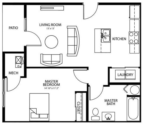 Floor plan for 1 bed, 1 bath, 661 sqft